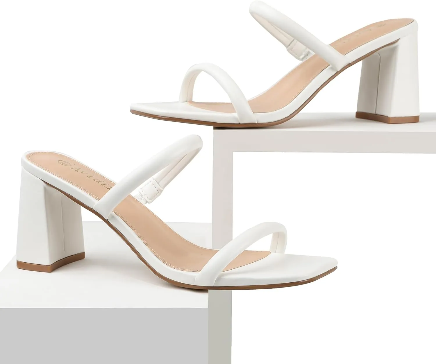 Women's Square Open Toe Heeled Sandals Two Strap Mules Slip On Block Chunky Mid Heels Sandals