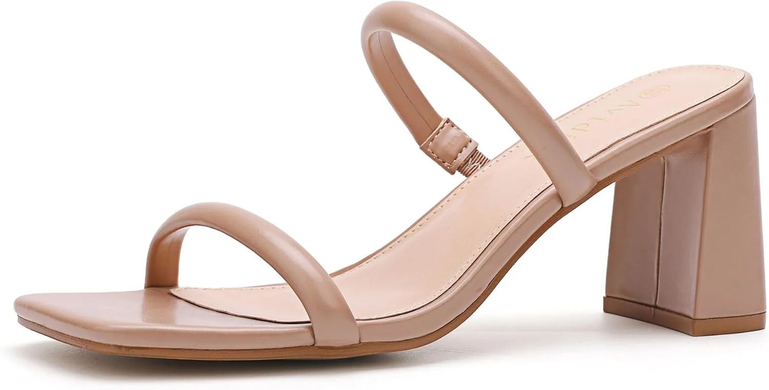 Women's Square Open Toe Heeled Sandals Two Strap Mules Slip On Block Chunky Mid Heels Sandals