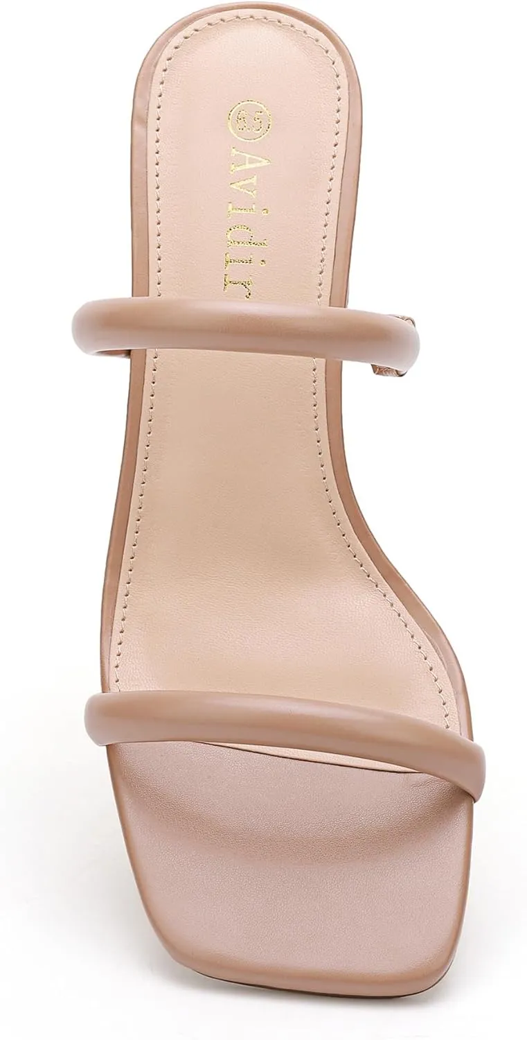 Women's Square Open Toe Heeled Sandals Two Strap Mules Slip On Block Chunky Mid Heels Sandals