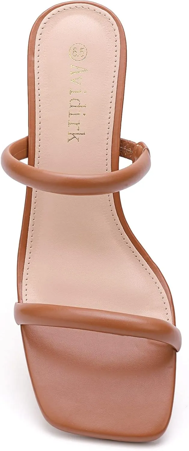 Women's Square Open Toe Heeled Sandals Two Strap Mules Slip On Block Chunky Mid Heels Sandals