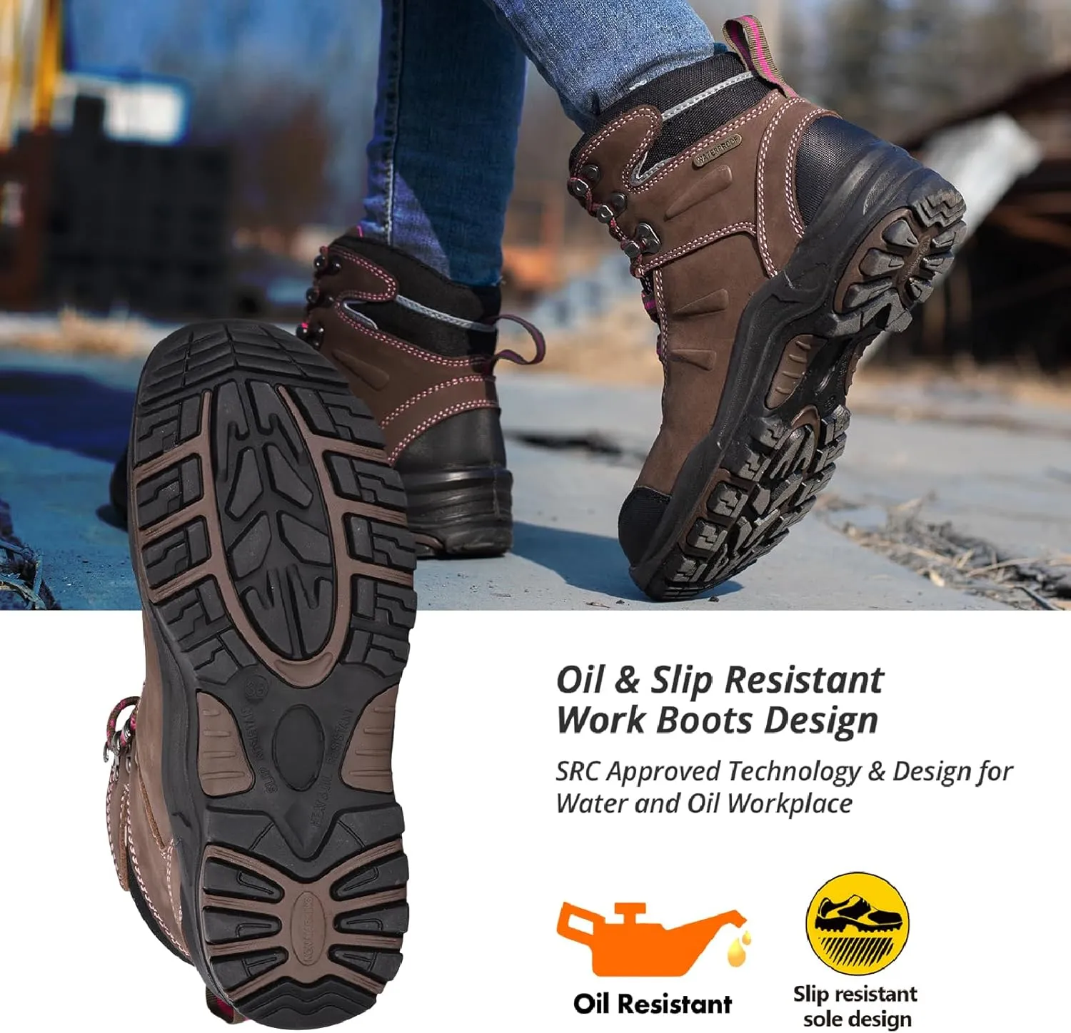 Women's Steel Toe Boots Waterproof Cow Leather Lightweight Work Boots for Women Fire Safety Boots Non Slip Puncture Resistant