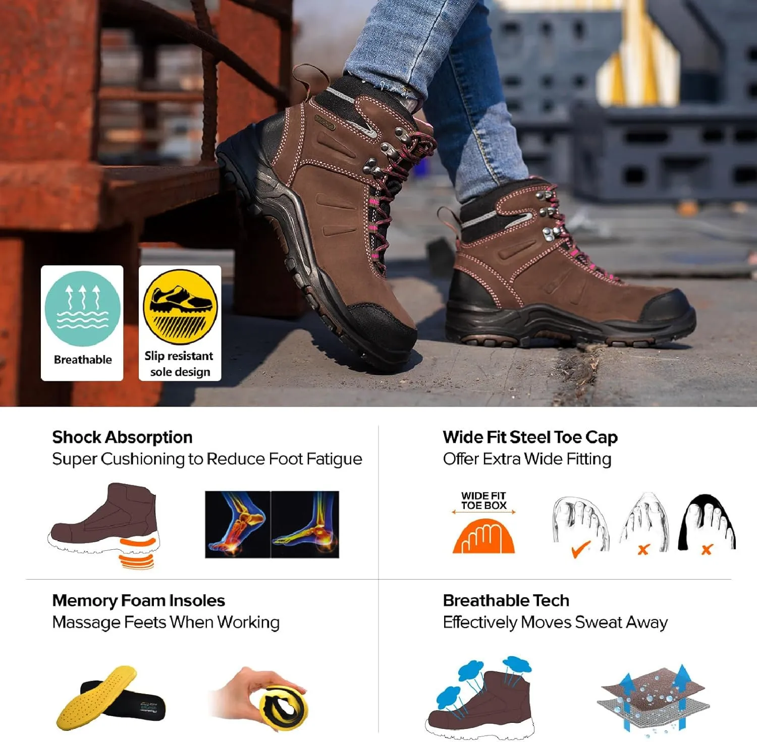 Women's Steel Toe Boots Waterproof Cow Leather Lightweight Work Boots for Women Fire Safety Boots Non Slip Puncture Resistant