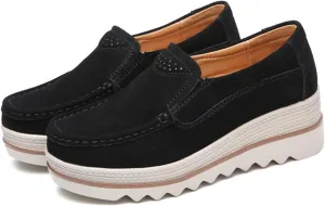 Women's Suede Platform Wedge Slip-Ons Loafers Round Toe Comfortable Toning Rocker Walking Shoes with Arch Support Casual Non-Slip Orthotic Sneakers