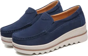 Women's Suede Platform Wedge Slip-Ons Loafers Round Toe Comfortable Toning Rocker Walking Shoes with Arch Support Casual Non-Slip Orthotic Sneakers