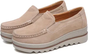 Women's Suede Platform Wedge Slip-Ons Loafers Round Toe Comfortable Toning Rocker Walking Shoes with Arch Support Casual Non-Slip Orthotic Sneakers