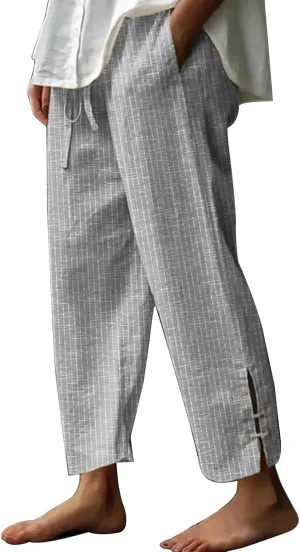 Womens Summer Linen Pant Trendy Oversized Lazy Boho Flowy Cotton and Linen Trousers Daily Work Relax Fit Casual Pants