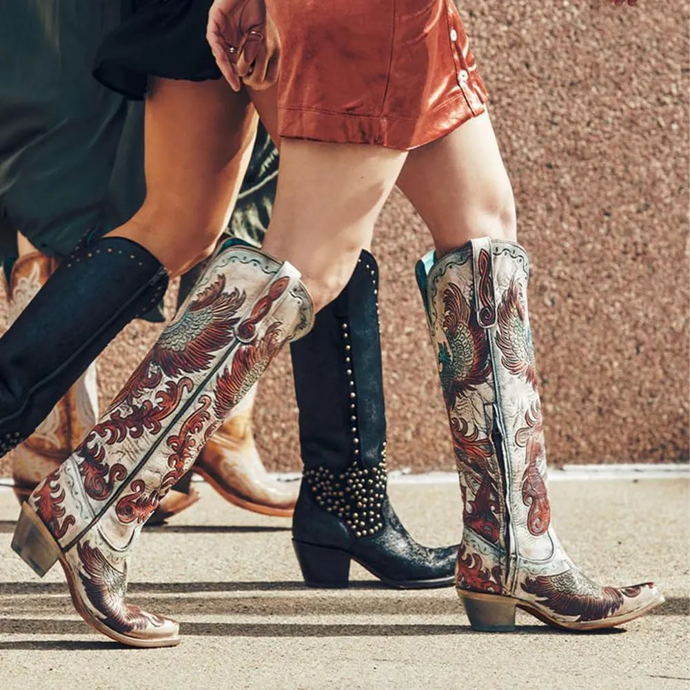 Women's Swallow Floral Embroidered Cowgirl Boots - Chunky Low Heels - Handmade Rivets - Western Cowboy Knee High Boots - Pull On - Blue, Black, Green - Patchwork - Wide Calf