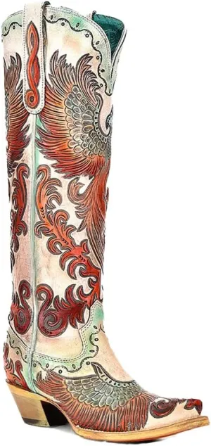 Women's Swallow Floral Embroidered Cowgirl Boots - Chunky Low Heels - Handmade Rivets - Western Cowboy Knee High Boots - Pull On - Blue, Black, Green - Patchwork - Wide Calf