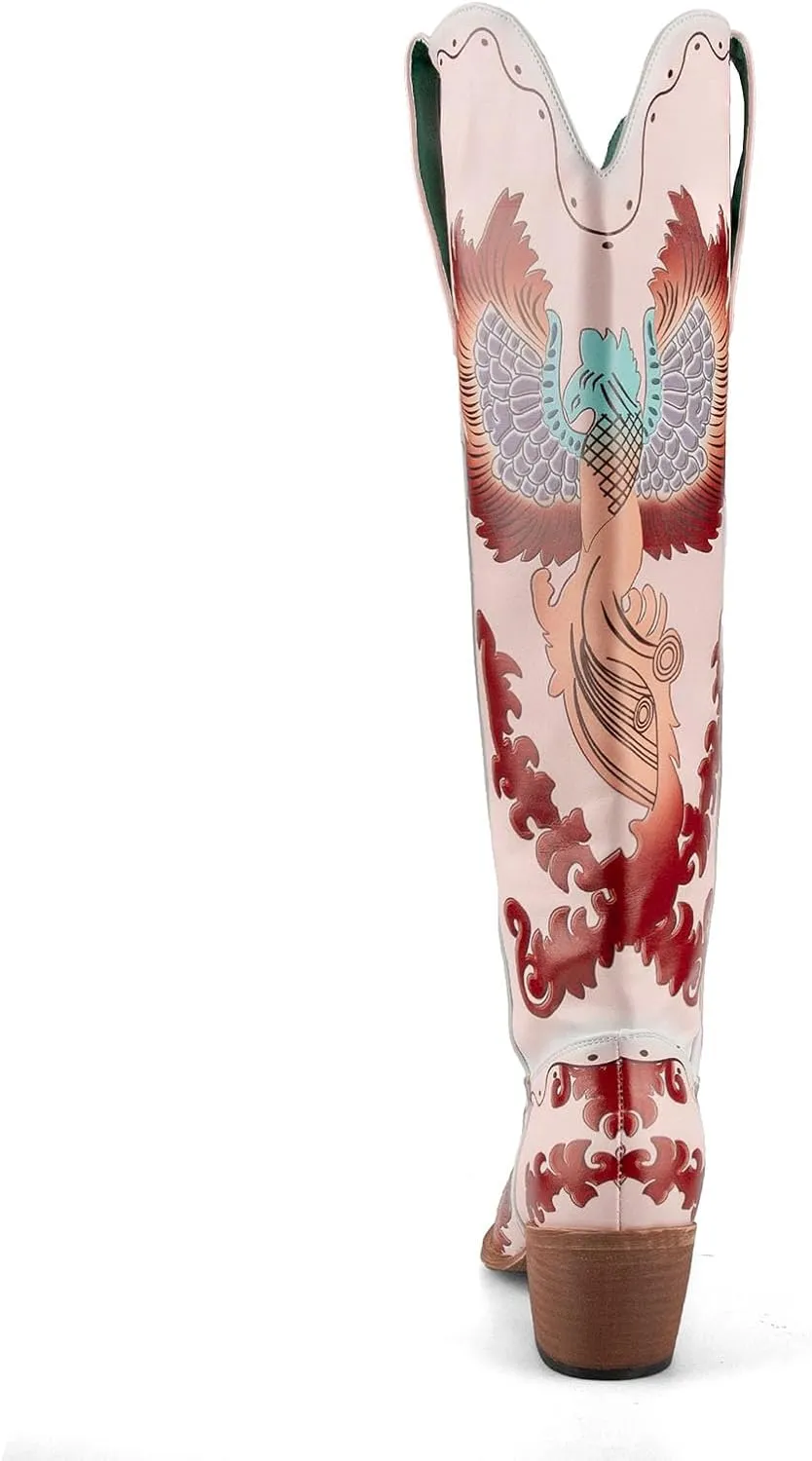 Women's Swallow Floral Embroidered Cowgirl Boots - Chunky Low Heels - Handmade Rivets - Western Cowboy Knee High Boots - Pull On - Blue, Black, Green - Patchwork - Wide Calf