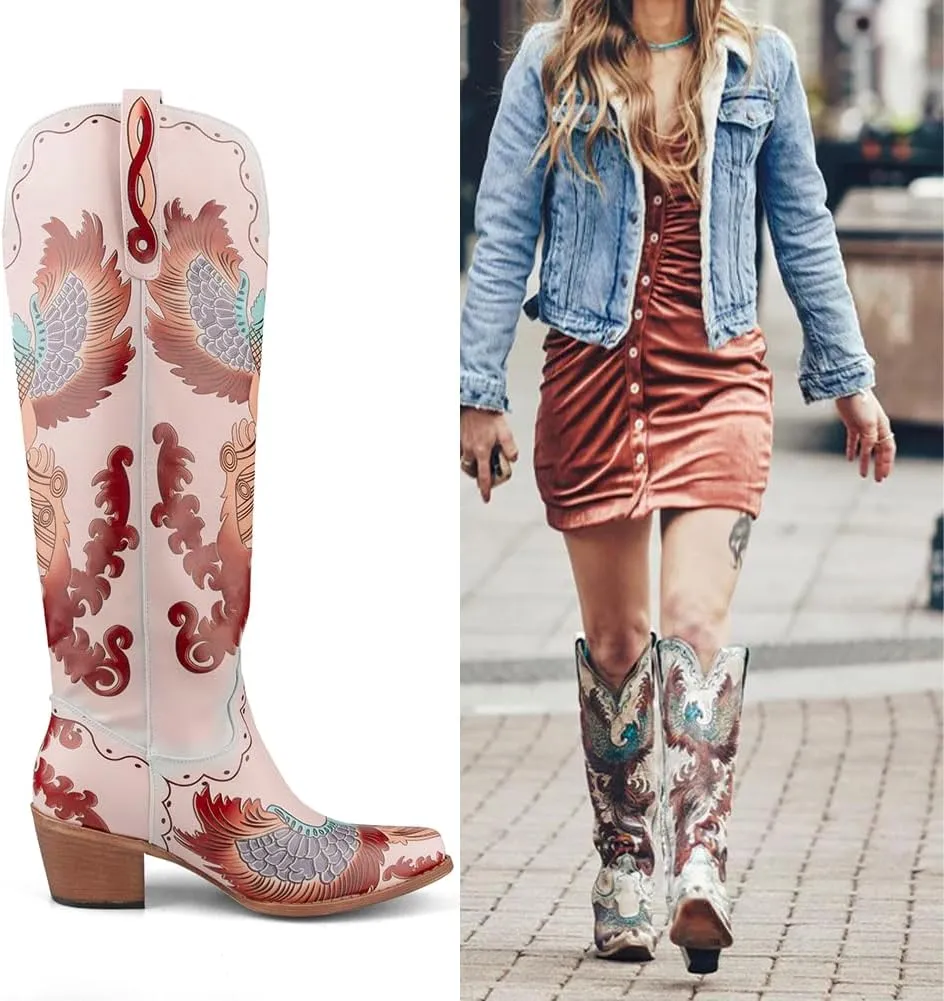 Women's Swallow Floral Embroidered Cowgirl Boots - Chunky Low Heels - Handmade Rivets - Western Cowboy Knee High Boots - Pull On - Blue, Black, Green - Patchwork - Wide Calf