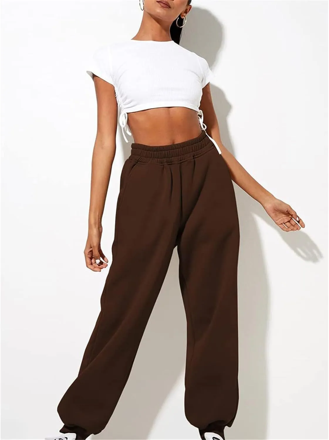 Womens Thin High Waisted Pants Trendy Pleated Waist Park Cycling Running Sweatpant Office Relax Cuffed Casual Trouser