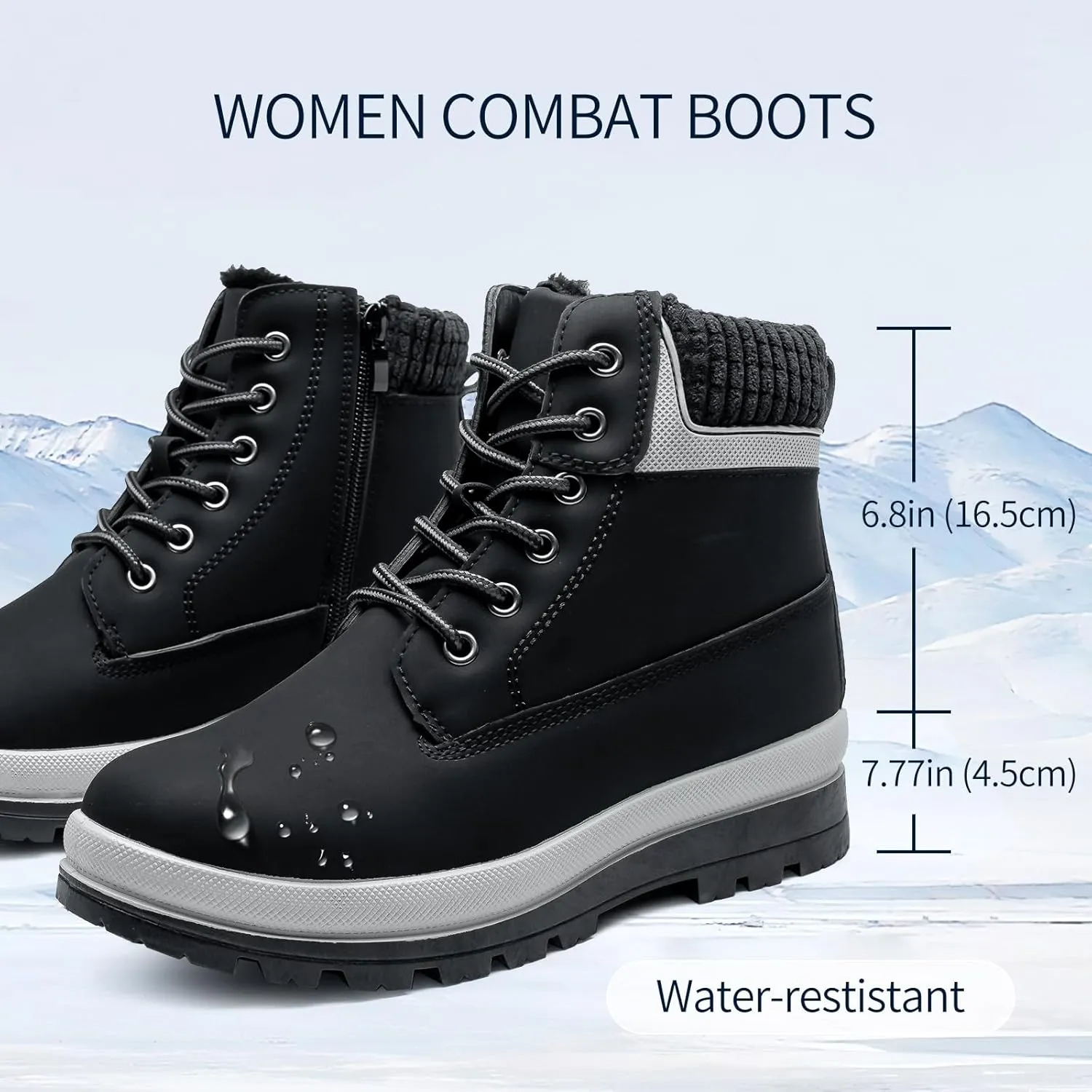 Womens White Winter Snow Boots Combat Boots for women Waterproof Fur Lined Ankle Booties Non Slip Fuzzy Warm Platform Boots Lace Up Hiking boots with Zipper
