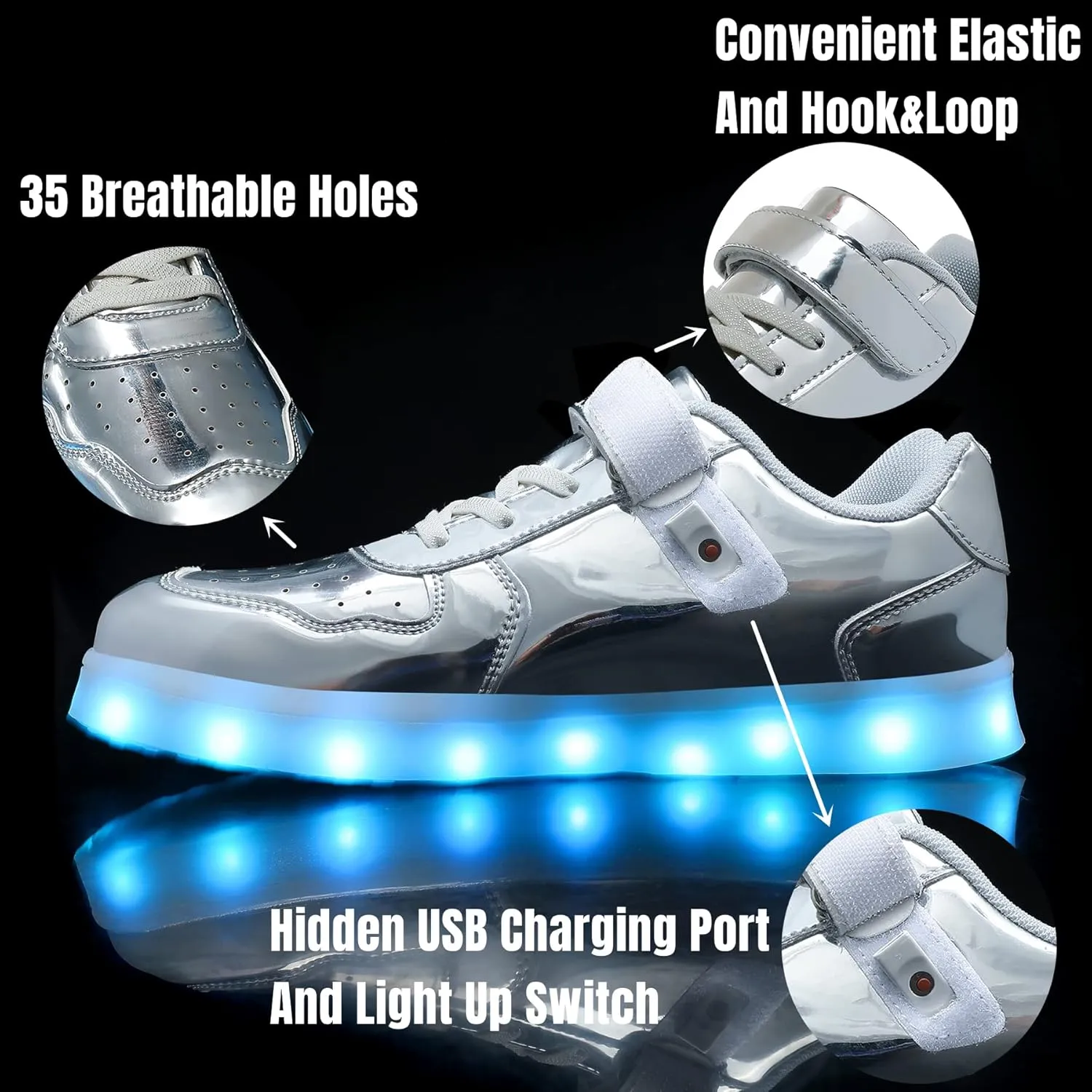 Wooowyet Kids LED Sneakers for Boys Hook&Loop Low Light Up Shoes LED Girls USB Recharging