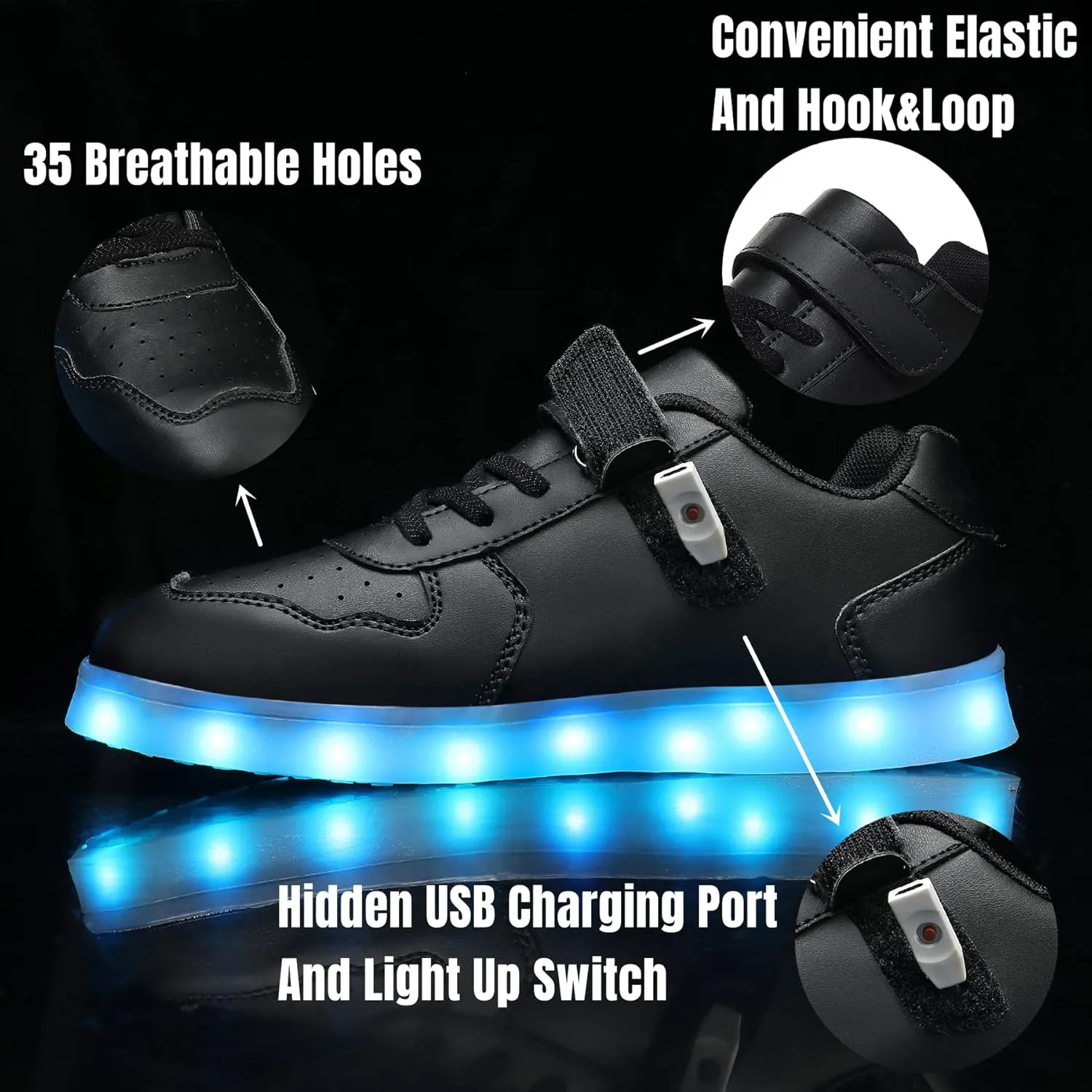 Wooowyet Kids LED Sneakers for Boys Hook&Loop Low Light Up Shoes LED Girls USB Recharging