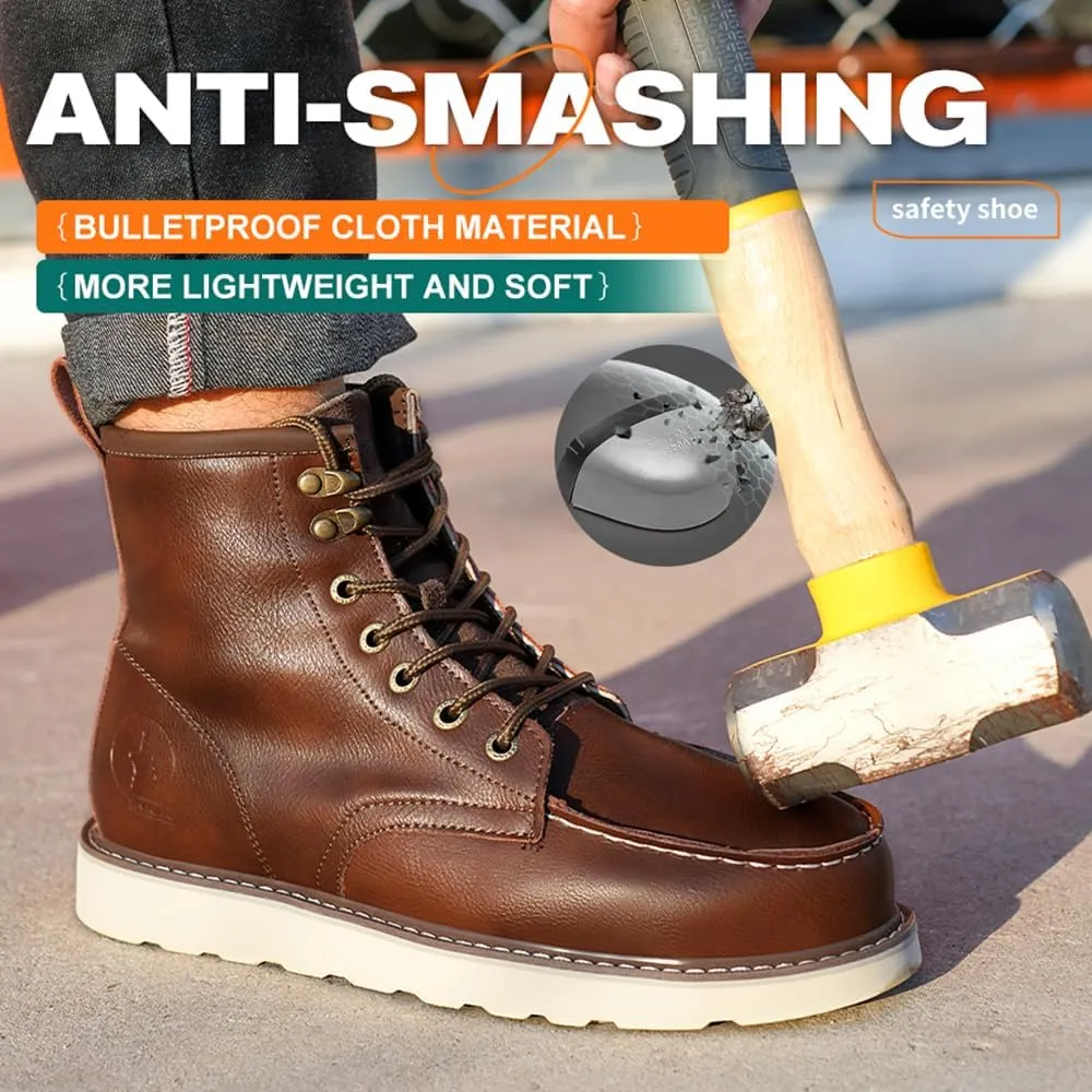 Work Boots for Men Steel Toe Boots Waterproof Comfortable High Top Indestructible Safety Boots Lightweight Leather Shoes Non Slip Work Shoes Industry Construction