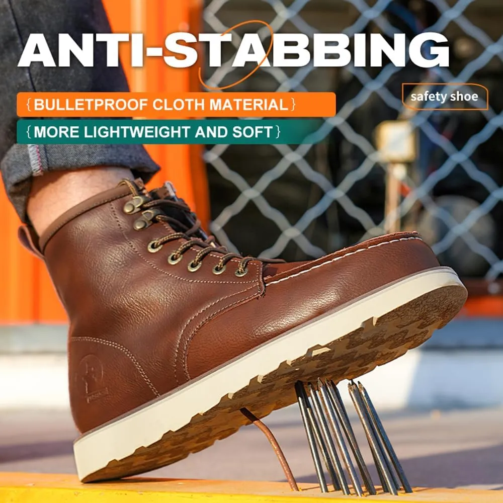 Work Boots for Men Steel Toe Boots Waterproof Comfortable High Top Indestructible Safety Boots Lightweight Leather Shoes Non Slip Work Shoes Industry Construction