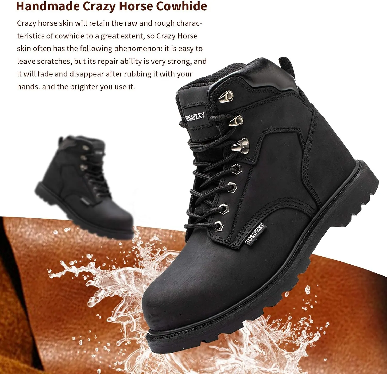 Work Safety Boots for Men Durable Crazy-Horse Leather Indestructible Steel Toe Waterproof and Non-Slip Better Warmth Men Work Shoes