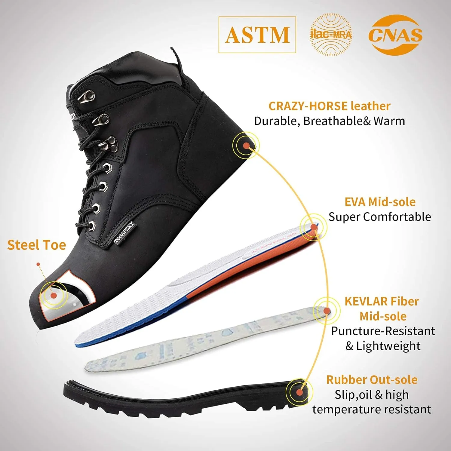 Work Safety Boots for Men Durable Crazy-Horse Leather Indestructible Steel Toe Waterproof and Non-Slip Better Warmth Men Work Shoes
