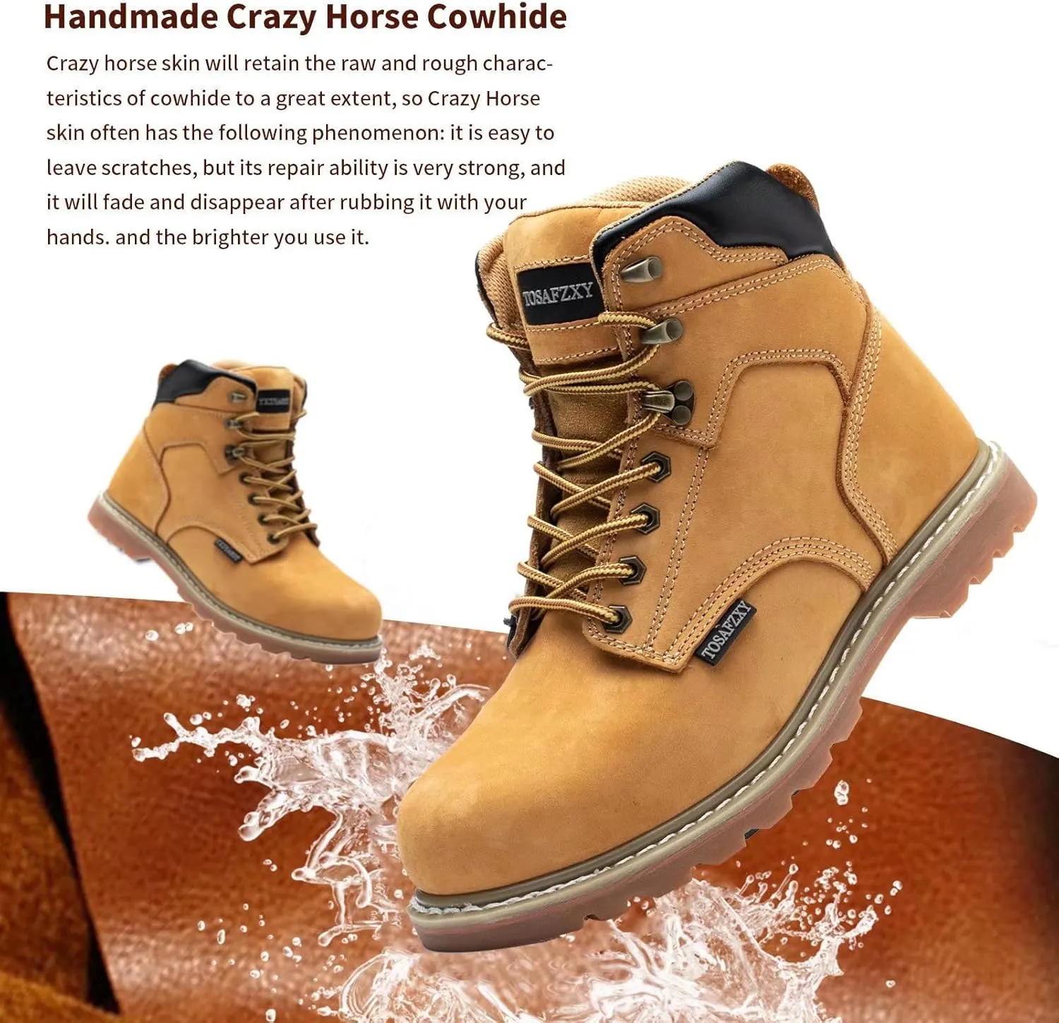 Work Safety Boots for Men Durable Crazy-Horse Leather Indestructible Steel Toe Waterproof and Non-Slip Better Warmth Men Work Shoes