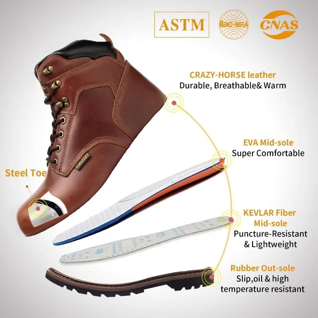 Work Safety Boots for Men Durable Crazy-Horse Leather Indestructible Steel Toe Waterproof and Non-Slip Better Warmth Men Work Shoes