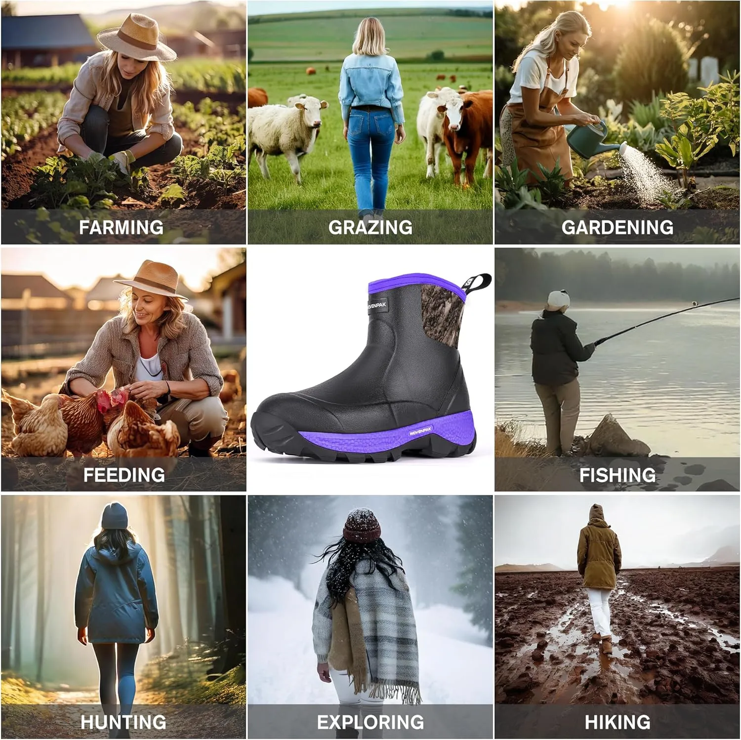 WOVENPAK Ankle Boots for Women, Rubber Rain Boots Waterproof Women, Ankle Garden Mud Boots Shoes, Rubber Boots for Women Insulated Lightweight Short Boots for Outdoor, Garden, Yard Work, Size 6-11