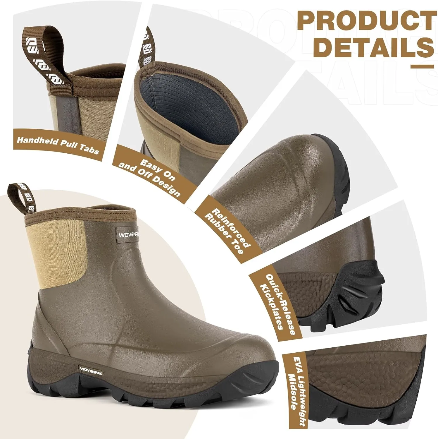 WOVENPAK Rubber Boots for Men, Waterproof Ankle Rain Boots Men, Insulated Work Shoes Outdoor Mud Boots for Gardening, Hunting, Farming, Camping and Yard, Size 6-13