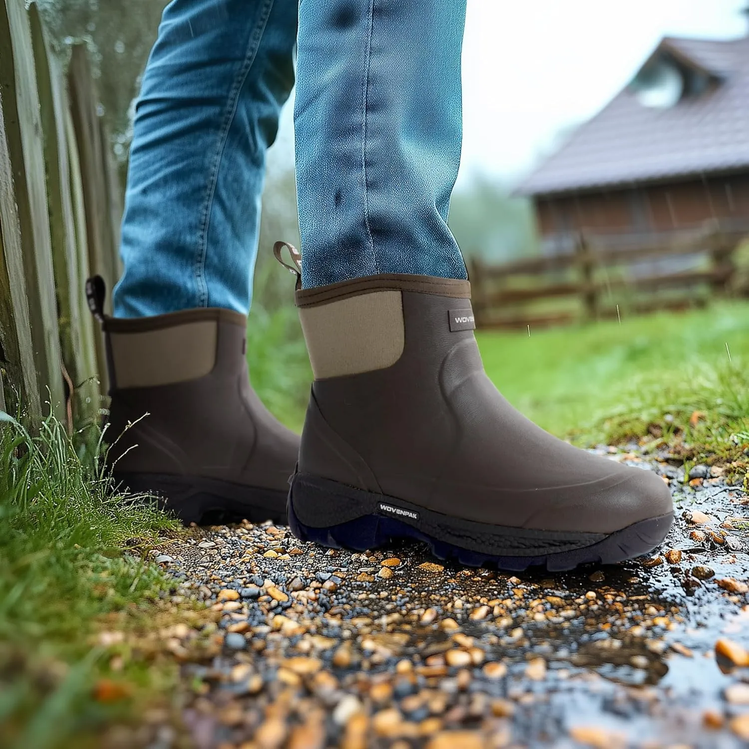 WOVENPAK Rubber Boots for Men, Waterproof Ankle Rain Boots Men, Insulated Work Shoes Outdoor Mud Boots for Gardening, Hunting, Farming, Camping and Yard, Size 6-13