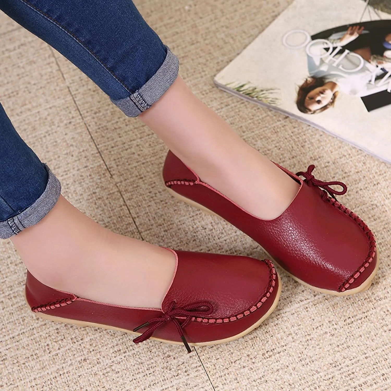WUIWUIYU Womens Casual Soft Slip-On Lace-up Halloween Costumes Penny Loafers Flats House Slippers Homes Shoes Moccasins