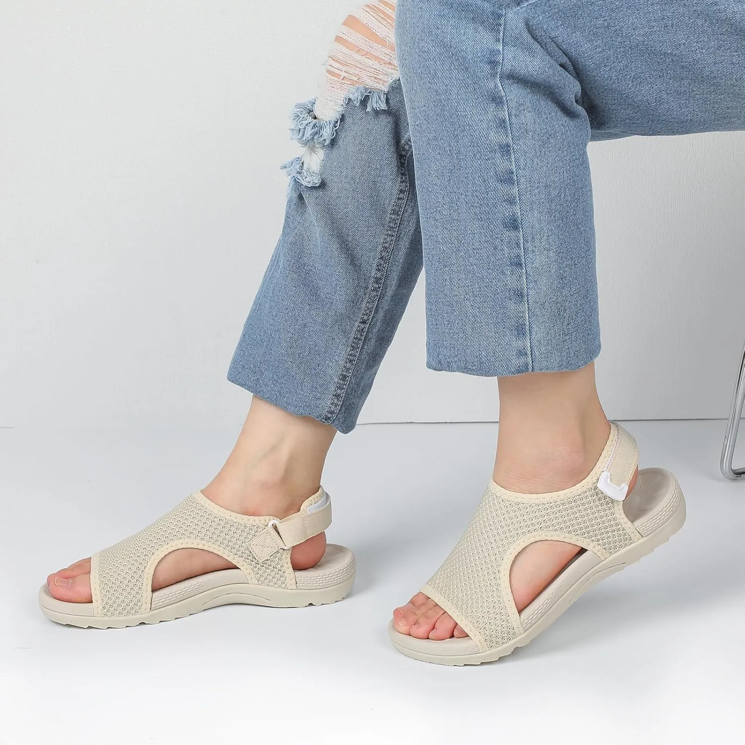 XIHALOOK Womens Orthopedic Walking Sandals with Adjustable Hooks Open Toe Sports Sandals Breathable Knit Summer Shoes
