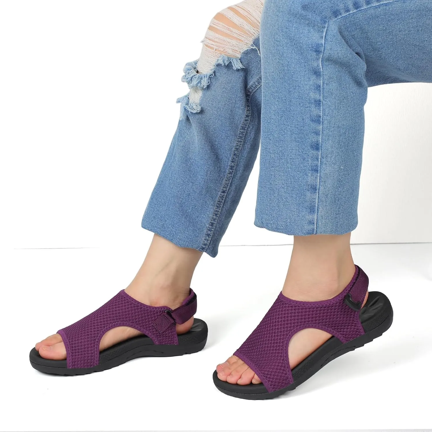 XIHALOOK Womens Orthopedic Walking Sandals with Adjustable Hooks Open Toe Sports Sandals Breathable Knit Summer Shoes