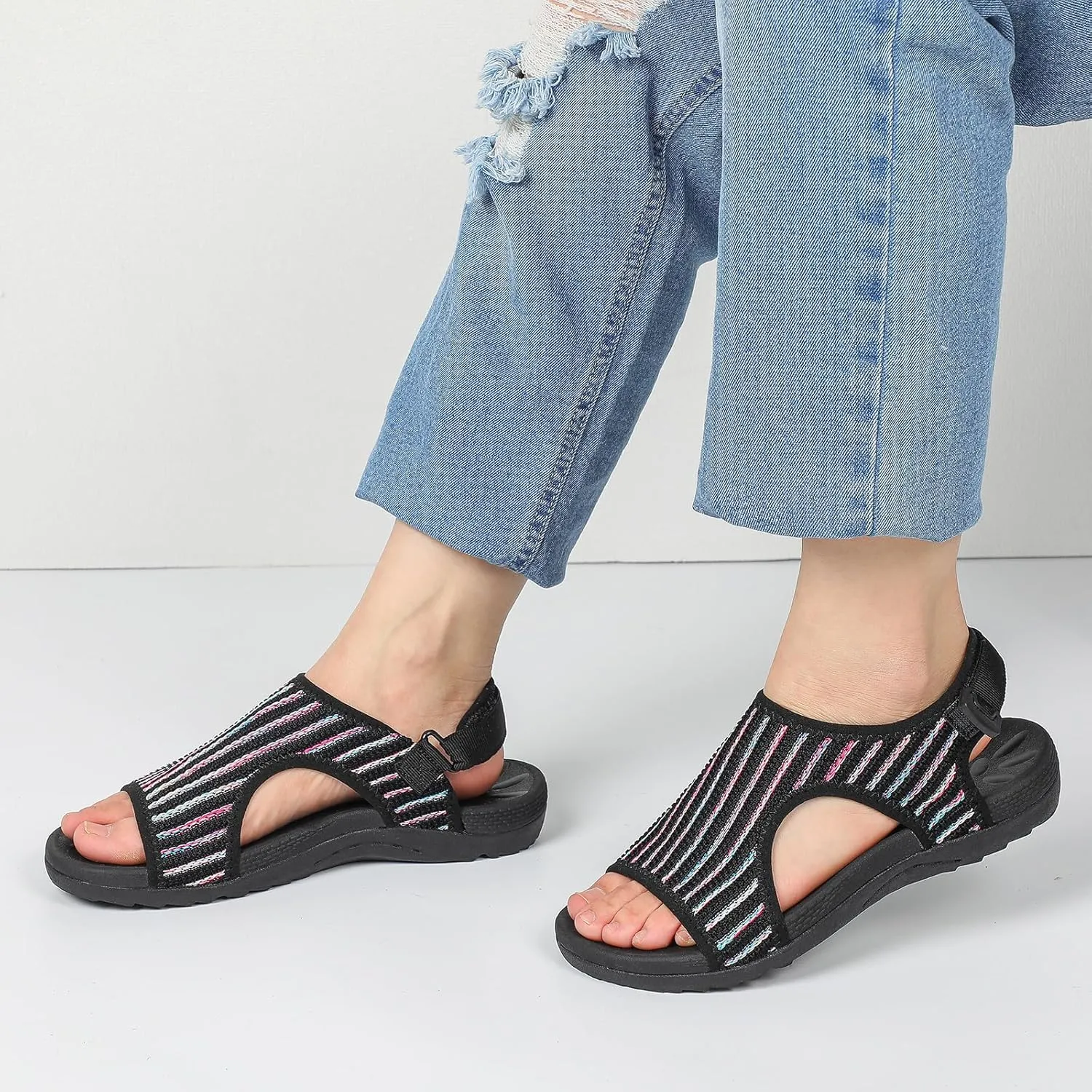 XIHALOOK Womens Orthopedic Walking Sandals with Adjustable Hooks Open Toe Sports Sandals Breathable Knit Summer Shoes