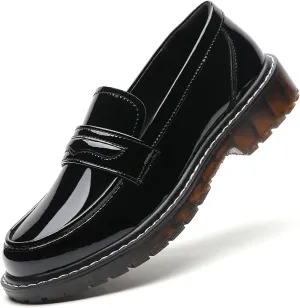 XMM Black Loafers for Women Chunky Loafer Shoes Penny Loafers Flats Lug Sole Lightweight Slip On Ladies Shoes Business Casual Dressy Comfortable Office Shoes