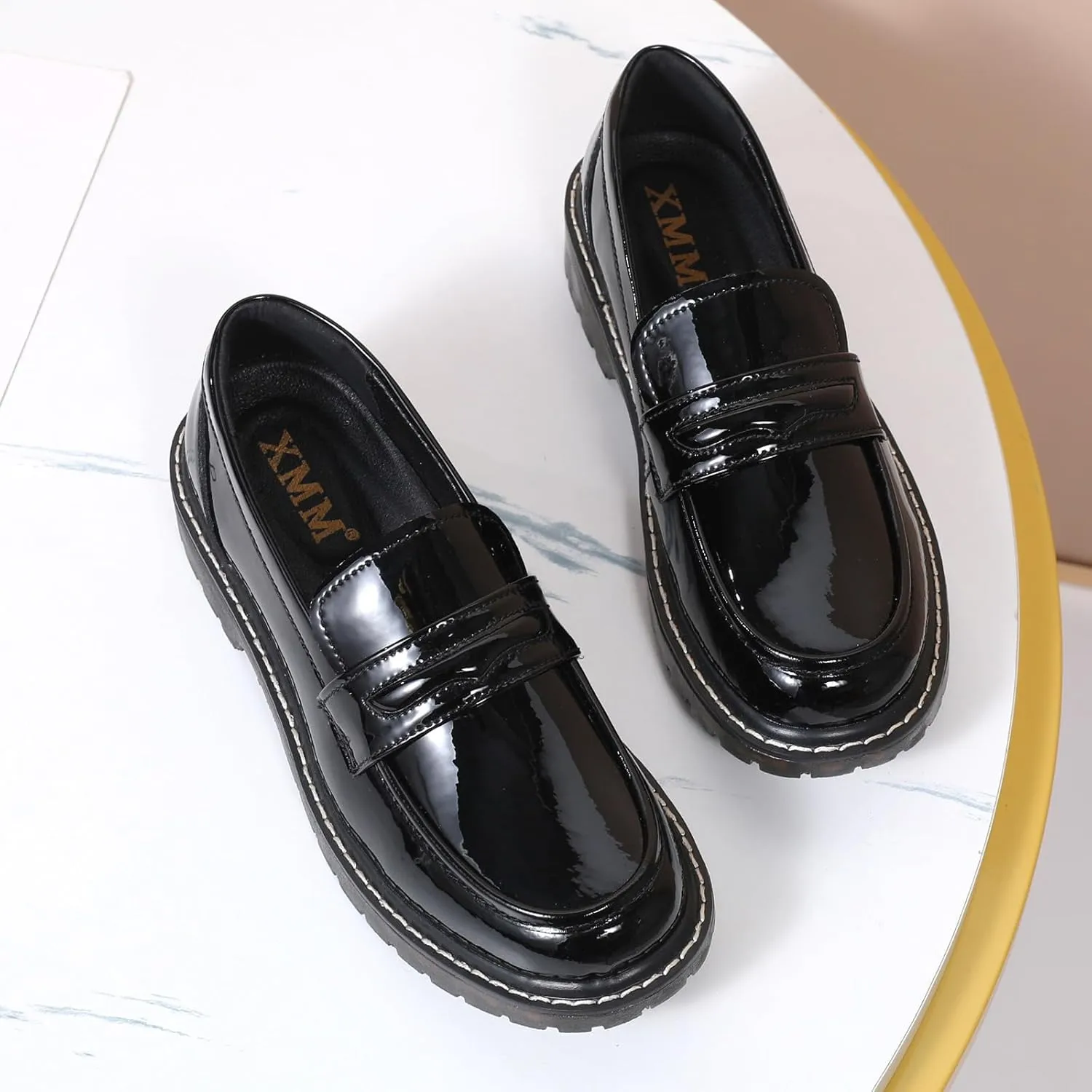 XMM Black Loafers for Women Chunky Loafer Shoes Penny Loafers Flats Lug Sole Lightweight Slip On Ladies Shoes Business Casual Dressy Comfortable Office Shoes