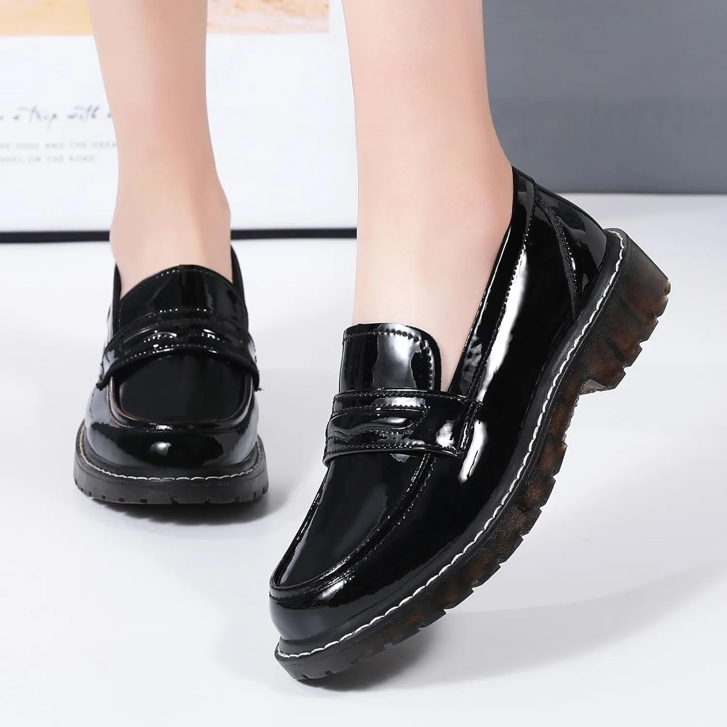 XMM Black Loafers for Women Chunky Loafer Shoes Penny Loafers Flats Lug Sole Lightweight Slip On Ladies Shoes Business Casual Dressy Comfortable Office Shoes