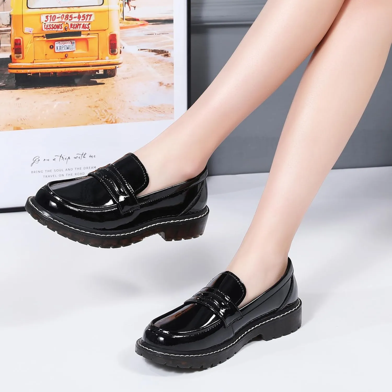 XMM Black Loafers for Women Chunky Loafer Shoes Penny Loafers Flats Lug Sole Lightweight Slip On Ladies Shoes Business Casual Dressy Comfortable Office Shoes