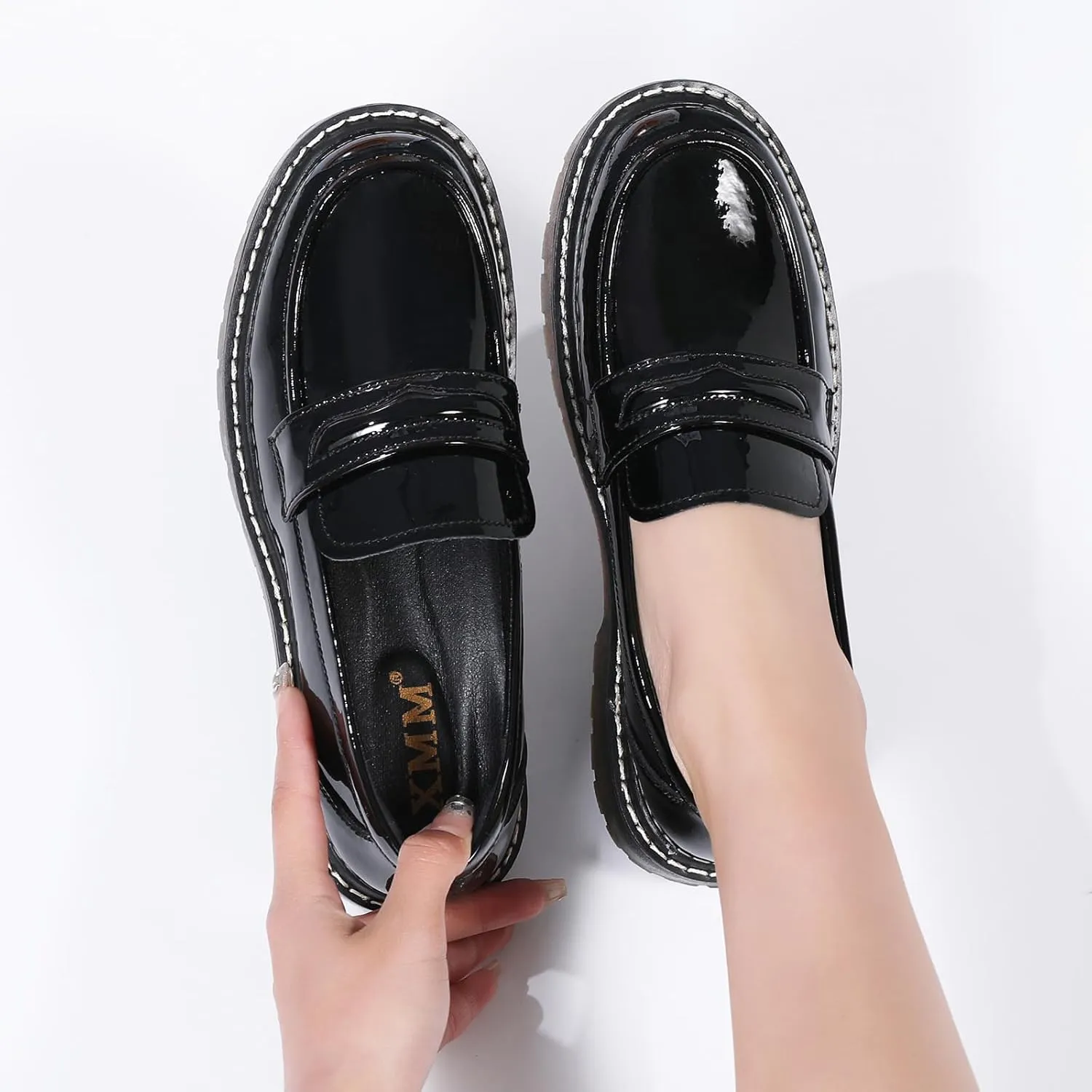 XMM Black Loafers for Women Chunky Loafer Shoes Penny Loafers Flats Lug Sole Lightweight Slip On Ladies Shoes Business Casual Dressy Comfortable Office Shoes