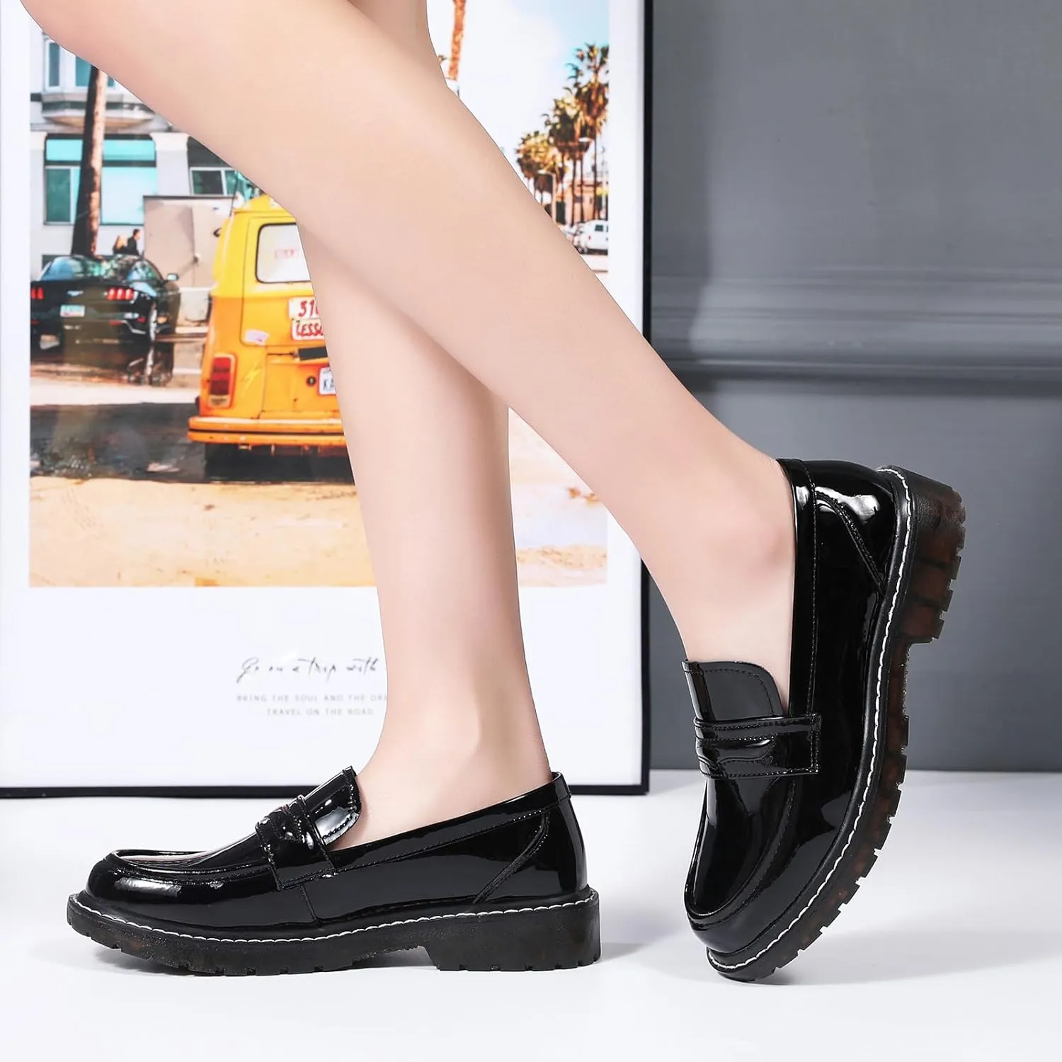 XMM Black Loafers for Women Chunky Loafer Shoes Penny Loafers Flats Lug Sole Lightweight Slip On Ladies Shoes Business Casual Dressy Comfortable Office Shoes