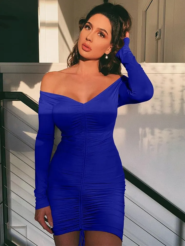 XXTAXN Women's Sexy Elegant Long Sleeve Off The Shoulder Ruched Mini Dress