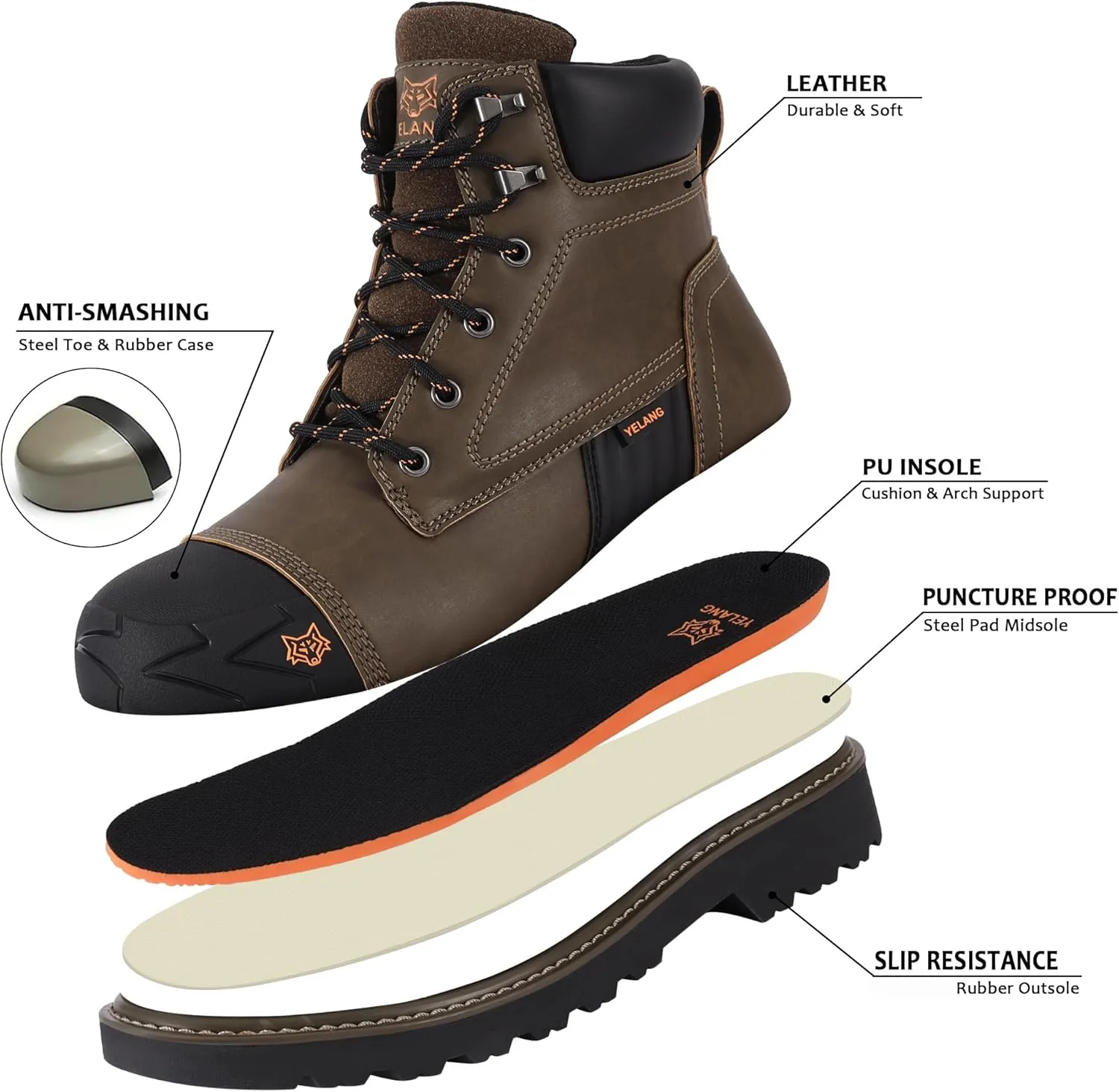 Yelang Men's Steel Toe Safety Work Boot Slip Resistant Puncture Utility Shoes 6 Inch For Industrial Construction Outdoor botas de trabajo para hombre