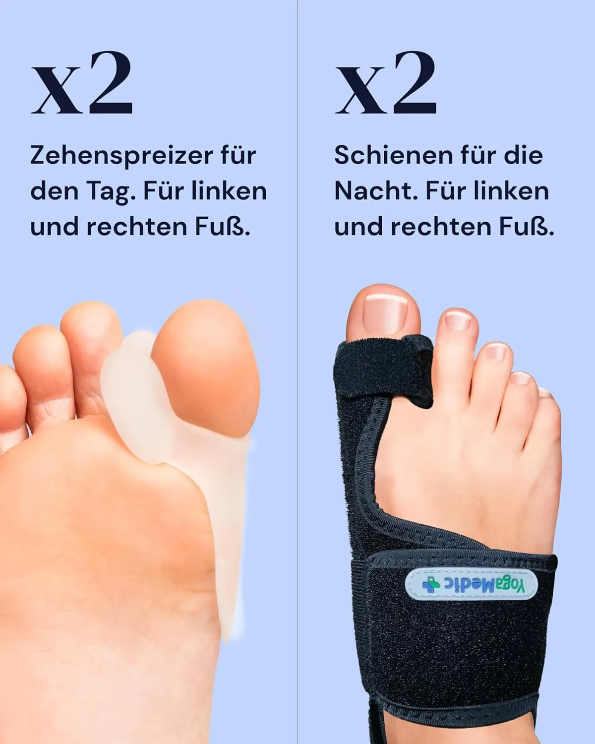 YOGAMEDIC® Bunion Corrector Toe Straightener to Relax, Spread and Stretch- 2X Splints, 2X Silicone Correctors - Day & Night Time Adjustable, Flexible Bunion Support Kit- for Women & Men