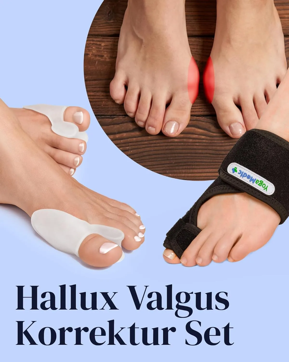 YOGAMEDIC® Bunion Corrector Toe Straightener to Relax, Spread and Stretch- 2X Splints, 2X Silicone Correctors - Day & Night Time Adjustable, Flexible Bunion Support Kit- for Women & Men