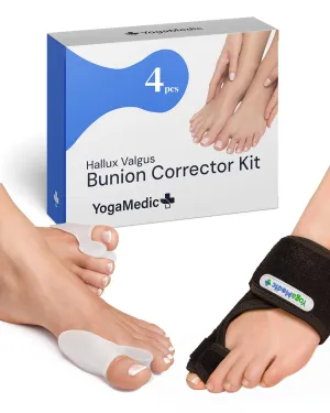 YOGAMEDIC® Bunion Corrector Toe Straightener to Relax, Spread and Stretch- 2X Splints, 2X Silicone Correctors - Day & Night Time Adjustable, Flexible Bunion Support Kit- for Women & Men