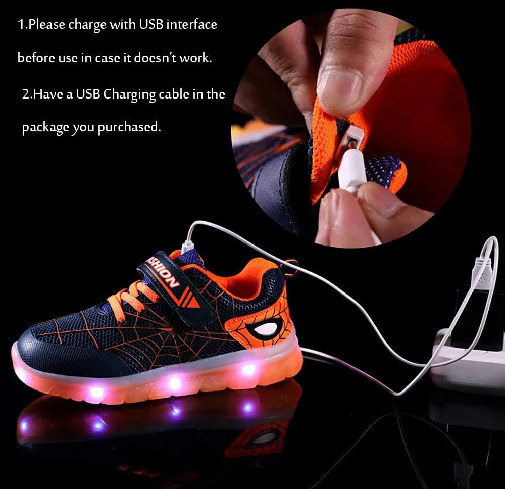 YUNICUS Kids Light Up Shoes Led Flash Sneakers with Spider Upper USB Charge for Boys Girls Toddles Best Gift for Birthday Thanksgiving Christmas Day