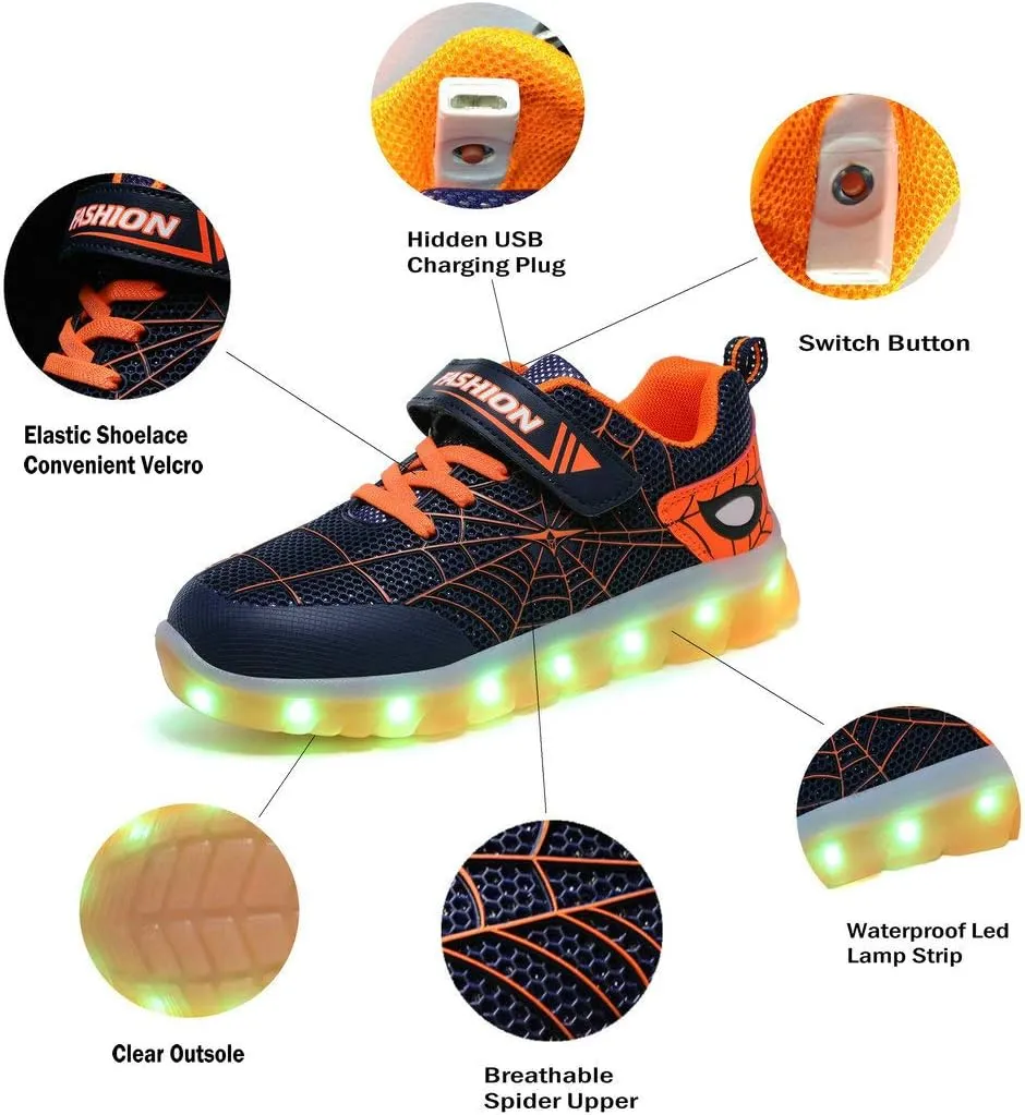 YUNICUS Kids Light Up Shoes Led Flash Sneakers with Spider Upper USB Charge for Boys Girls Toddles Best Gift for Birthday Thanksgiving Christmas Day