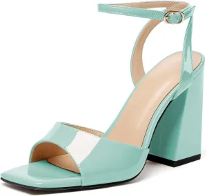 Zamikoo Women's Square Toe Heeled Sandals Chunky Heels Ankle Strap Pu Leather 4 Inches Dress Shoes for Wedding Party US Size 5- Size 13