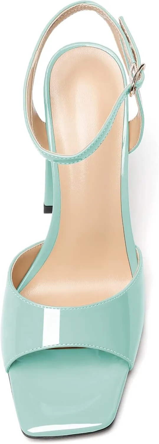 Zamikoo Women's Square Toe Heeled Sandals Chunky Heels Ankle Strap Pu Leather 4 Inches Dress Shoes for Wedding Party US Size 5- Size 13