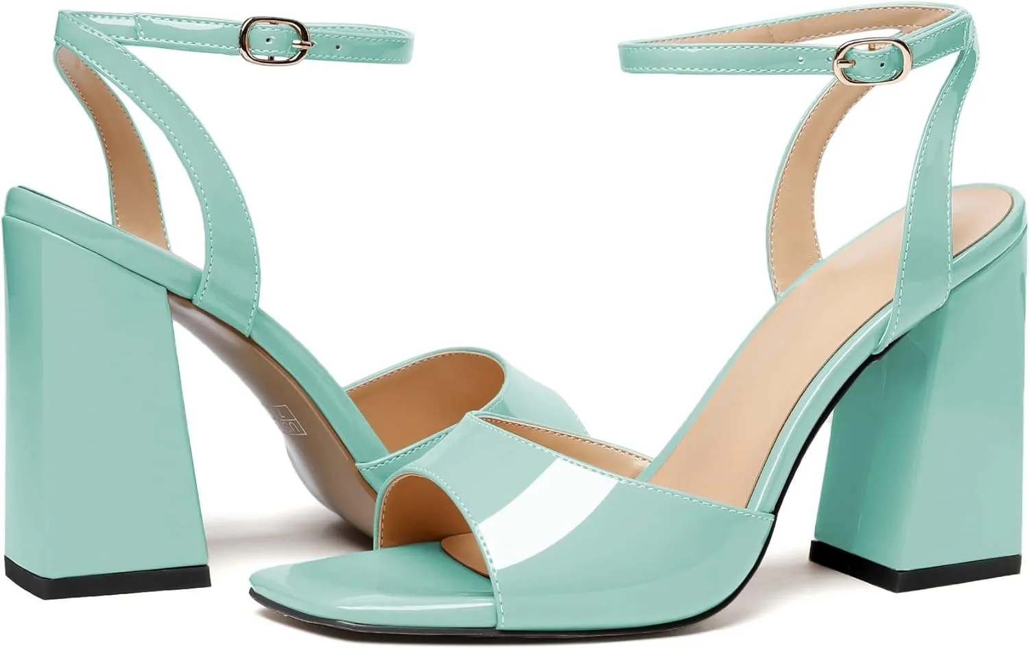 Zamikoo Women's Square Toe Heeled Sandals Chunky Heels Ankle Strap Pu Leather 4 Inches Dress Shoes for Wedding Party US Size 5- Size 13