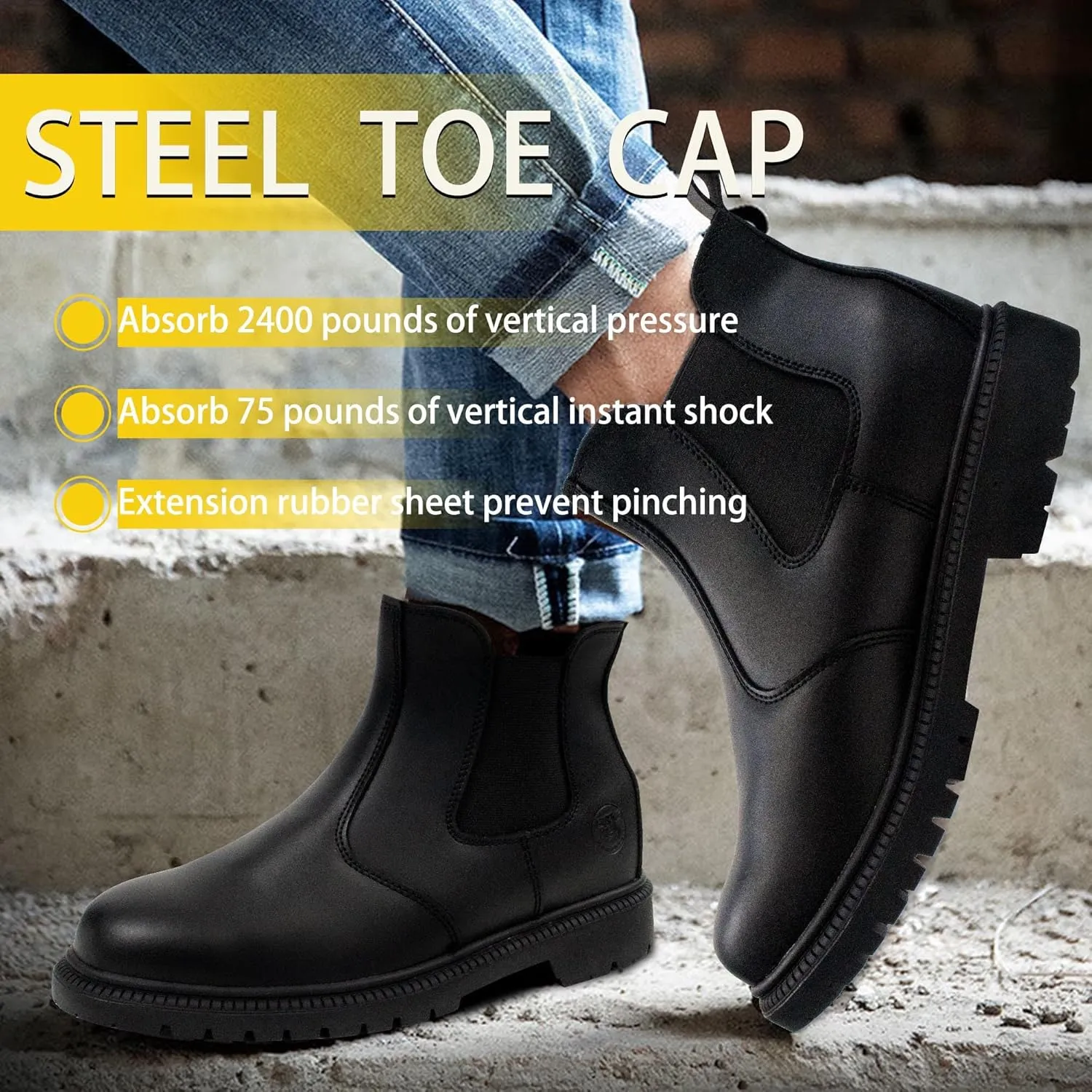 ZERVRTON Steel Toe Work Boots for Men,Slip-on Work Boots,Men's Industrial & Construction Shoes,Waterpoof Safety boots,Non-slip,Comfortable,Lightweight