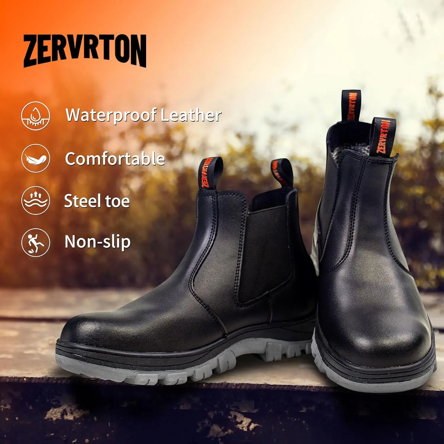 ZERVRTON Steel Toe Work Boots for Men,Slip-on Work Boots,Men's Industrial & Construction Shoes,Waterpoof Safety boots,Non-slip,Comfortable,Lightweight