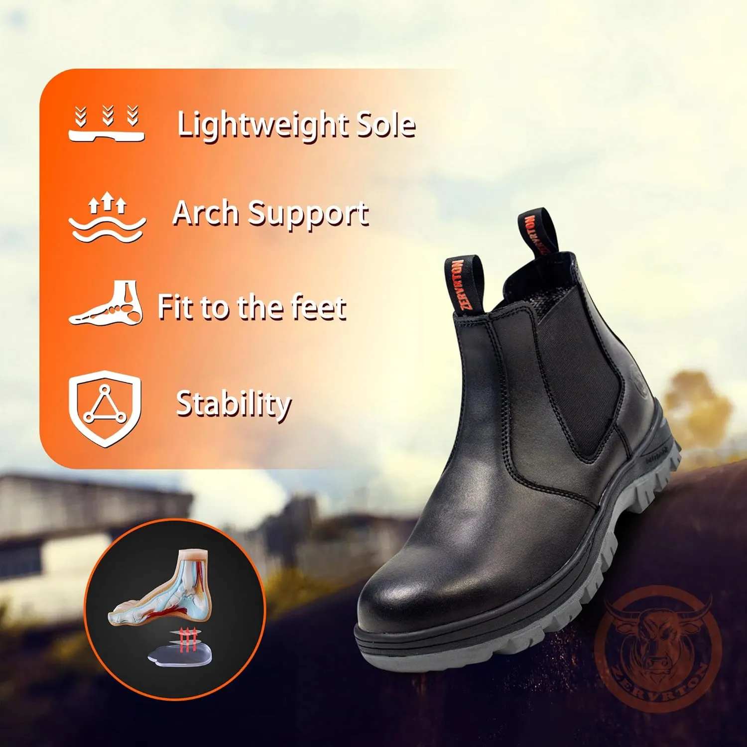 ZERVRTON Steel Toe Work Boots for Men,Slip-on Work Boots,Men's Industrial & Construction Shoes,Waterpoof Safety boots,Non-slip,Comfortable,Lightweight
